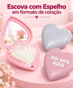 Escova com Espelho em formato de coração PERSONALIZADA COM LOGO, FRASE, 15 ANOS OU DATA COMEMORATIVA #1350